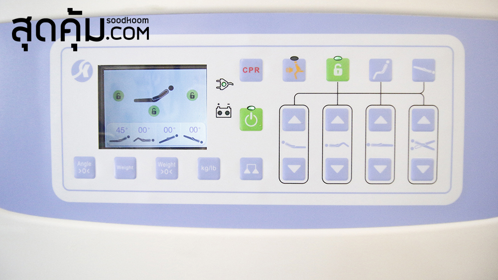 เตียงผู้ป่วยและคนชราไฟฟ้า 5 ไกร์ ราวปีกนก รุ่น SK-5S หน้าจอ LCD มีขนาด 4.3 นิ้ว แสดงมุมการเคลื่อนไหว ตัวปุ่มควบคุมทดสอบจากโรงงานว่าสามารถทนการกดได้มากกว่า 100,000 ครั้ง