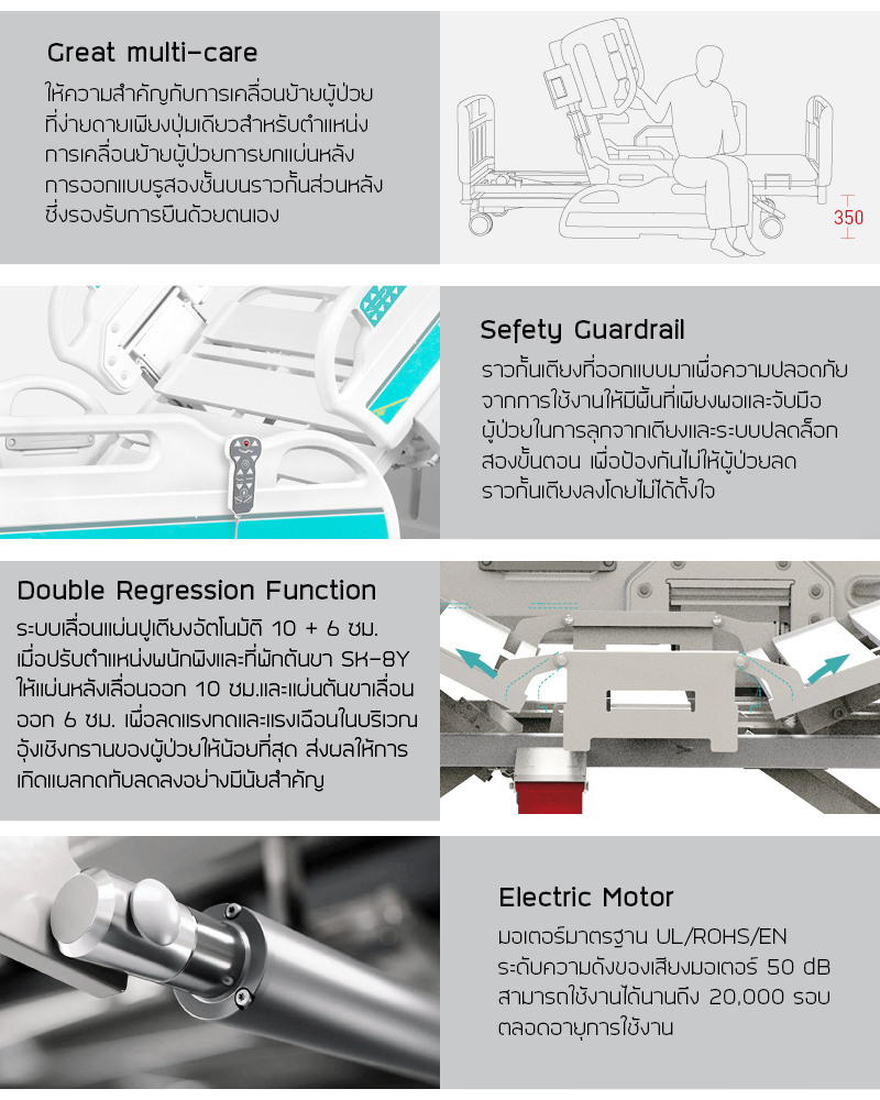 เตียงผู้ป่วยและคนชราไฟฟ้า 5 ไกร์ ราวปีกนก รุ่น SK-Y8 